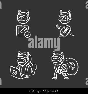 Bot types chalk icons set. Hacker, backlink checker, scraper bots. Malicious robot. Artificial intelligence, AI. Voice recognition. Computer virus. Is Stock Vector