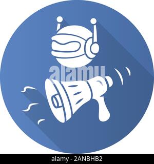 Propaganda bot flat design long shadow glyph icon. Spam attack. Marketing campaign. Robot spread disinformation. Artificial intelligence. Social media Stock Vector