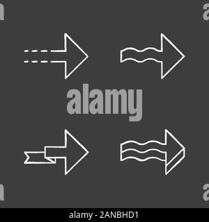 Forward arrows chalk icons set. Dotted, folding next, forward arrows. Rightward direction. Indicating arrowhead. Navigation symbol. Pointing sign. Mot Stock Vector