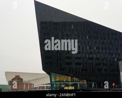 Liverpool, United Kingdom - November 24, 2019: Modern architecture at the Liverpool Docks, Port of Liverpool, with the Royal Institute of British Arch