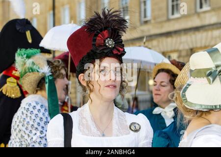 Jane Austen fans dressed in regency costumes are pictured taking part in the Jane Austen Festival  Regency Costumed Promenade.Bath,England,UK 14-09-19 Stock Photo