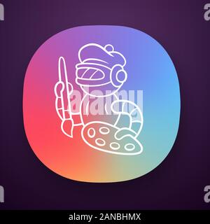 Art bot app icon. Robot, cyborg with brush and palette. Virtual assistance. Artificial intelligence, AI. Cybernetics. UI/UX user interface. Web or mob Stock Vector