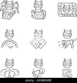 Web robots linear icons set. Crawler, text-reading, propaganda, proactive, optimizer bots. Artificial intelligence. Thin line contour symbols. Isolate Stock Vector