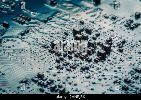 Circuit board. Electronic computer hardware technology. Motherboard digital chip. Tech science background. Integrated communication processor. SMD Stock Photo