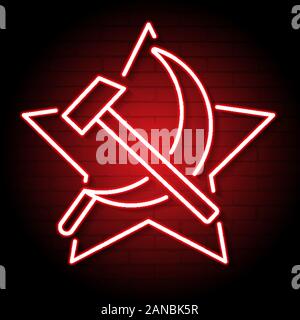 The Neon Hammer And Sickle Symbol In Red Color. Soviet Union. Vector Stock Vector