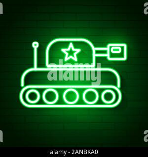 Glowing Neon Military Tank Icon Isolated On Brick Wall Background. Vector Stock Vector