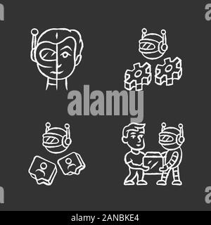 Software bot chalk icons set. Socialbot, transactional, impersonator robots. Software program. Network communication. Artificial intelligence. Cyborgs Stock Vector
