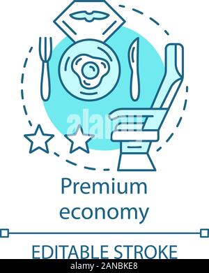 Premium economy concept icon. Airline travel class idea thin line illustration. Flight menu, breakfast. Passenger seat. Food served on airplane board. Stock Vector