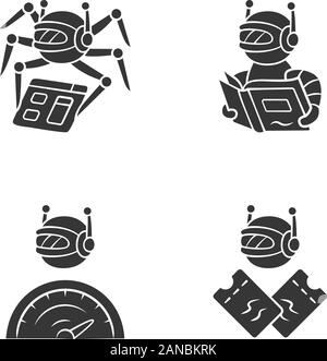 Internet bots glyph icons set. Crawler, text-reading, optimizer, scalper robot. Artificial intelligence. AI. Software app. Virtual assistant. Silhouet Stock Vector