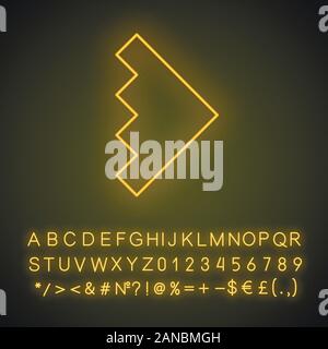 Rightward arrowhead neon light icon. Forward arrow. Navigation pointer, indicator. Geometric pointing symbol. Glowing sign with alphabet, numbers and Stock Vector
