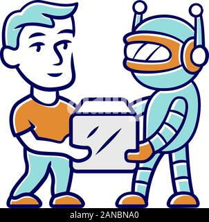 Transactional bot color icon. Artificial intelligence. Virtual assistance. Partner bot. Man and robot holding box. Modern robotic delivery service. Da Stock Vector