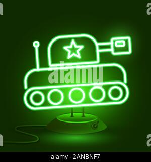 Glowing Neon Military Tank Icon Isolated On Brick Wall Background. Vector Stock Vector