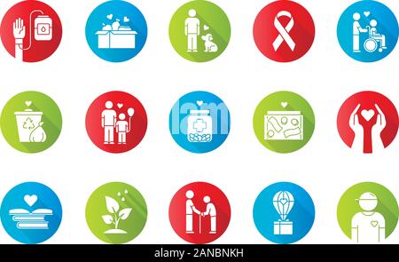 Volunteering flat design long shadow glyph icons set. Reliance on volunteers in problem solving. Social activity. Community service help. Vector silho Stock Vector