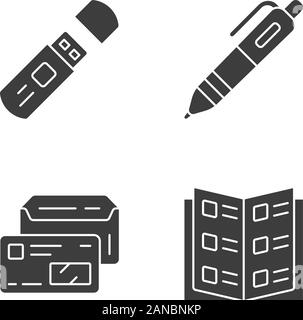 Office work attributes glyph icons set. Corporate worker kit silhouette symbols. Business accessories vector isolated illustrations. USB flash drive, Stock Vector