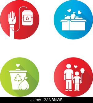 Volunteering flat design long shadow glyph icons set. Altruistic activity. Blood and food donation, orphans care, garbage disposal. Vector silhouette Stock Vector