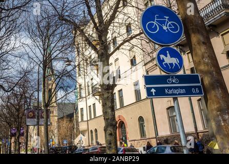 April 22, 2018, Stockholm Sweden. Blue road signs a road for cyclists and a road for riders on a street in Stockholm. Stock Photo