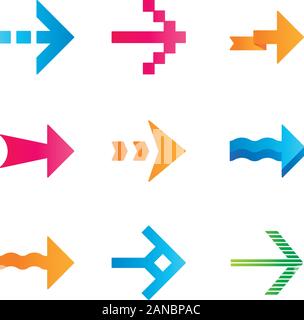 Arrows flat design long shadow color icons set. Wavy, pixel, folding, striped, dashed next arrows. Navigation pointer, indicator. Arrowheads pointing Stock Vector