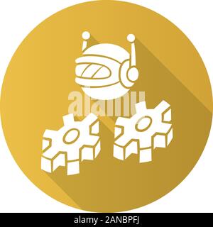 Work bot flat design long shadow glyph icon. Software application. Optimizer robot with cogwheels. Cyborgs, AI. Artificial intelligence. Innovation ma Stock Vector