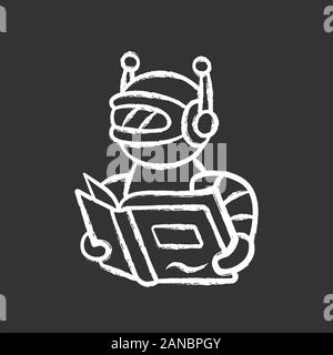Text reading bot chalk icon. Screen reader application, translation algorithms. Virtual assistant. Robot with book. Software app. Speech synthesizer. Stock Vector