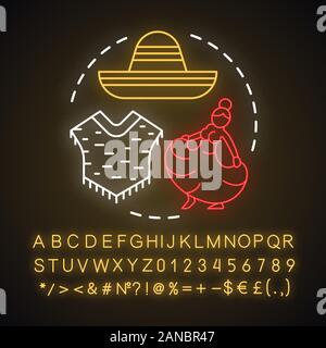 Mexican fashion neon light concept icon. Mexico traditional clothes. Poncho, sombrero, woman in long dress idea idea. Glowing sign with alphabet, numb Stock Vector