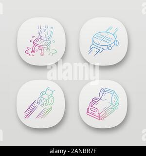 Disabled devices, equipment app icons set. Shower chair, hospital bed, wheelchair ramp, braille smartwatch. UI/UX user interface. Web or mobile applic Stock Vector