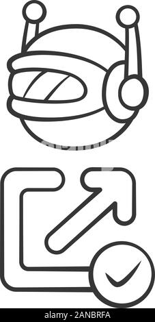 Backlink checker bot linear icon. Web optimization. Artificial intelligence. Support service bot. Technology. Thin line illustration. Contour symbol. Stock Vector
