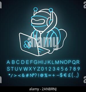 Hacker bot neon light icon. Virus robot. Cyber pirate attack, crime, cybercrime. Computer virus. Malicious software, AI. Glowing sign with alphabet, n Stock Vector