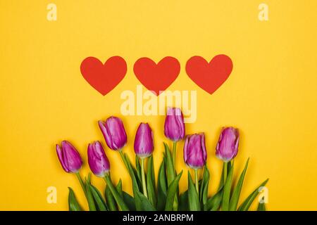 pink, purple tulips and three red hearts on yellow background Stock Photo