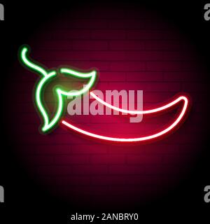 Neon chili pepper on a brick wall Stock Vector