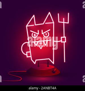 Cartoon Devil. Vector Illustration On A Brick Background Of A Neon Icon. Stock Vector