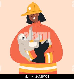 Vector flat Firefighter in fire fighting operation. Stock Vector