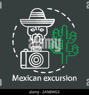 Mexican excursion chalk concept icon. South American desert sights. Tour of Mexico. Camera, men head in sombrero, saguaro cactus idea. Vector isolated Stock Vector