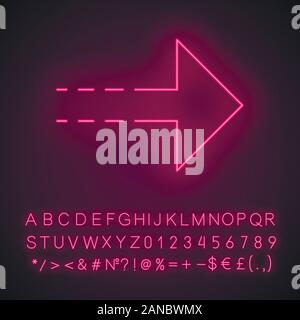 Arrow with dotted line neon light icon. Rightward direction. Arrowhead pointing to right. Navigation pointer, indicator. Glowing sign with alphabet, n Stock Vector