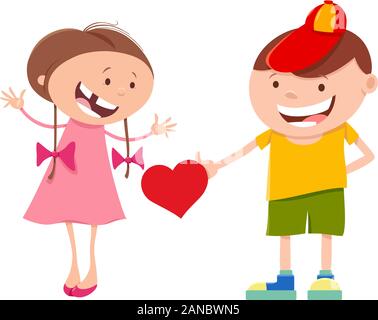 Greeting Card Cartoon Illustration with Cute Girl and Boy on Valentines Day Stock Vector