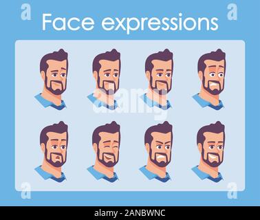 Bearded man cartoon character faces vector set. Businessman with different facial expressions flat illustrations. Avatar various emotions, moods. Pers Stock Vector