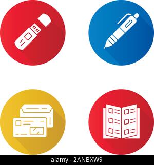 Office work attributes flat design long shadow glyph icons set. Business accessories vector silhouette illustrations. USB flash drive, automatic pen, Stock Vector