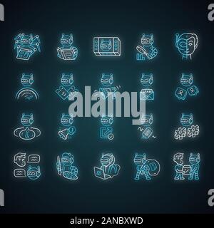 Bot types neon light icons set. Crawler, hacker, spambot, impersonator, scraper, propaganda robot. Artificial intelligence, ai. Virtual reality. Glowi Stock Vector