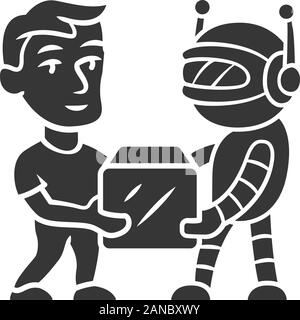 Transactional bot glyph icon. Artificial intelligence. Virtual assistance. Partner bot. Man and robot holding box. Modern robotic delivery service. Si Stock Vector