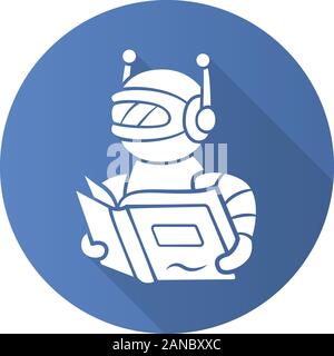 Text reading bot flat design long shadow glyph icon. Screen reader app, translation algorithms. Virtual assistant. Robot with book. Software app. Spee Stock Vector