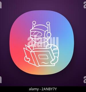 Text reading bot app icon. Screen reader app, translation algorithms. Virtual assistant. Robot with book. Software app. UI/UX user interface. Web or m Stock Vector