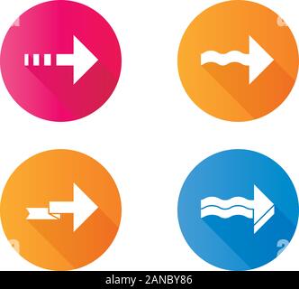 Forward arrows flat design long shadow glyph icons set. Dotted, wavy, folding, next, forward arrows. Rightward direction. Indicating arrowhead. Pointi Stock Vector