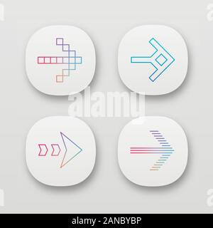 Arrow types app icons set. Pixel, shaped, dashed, striped next, forward arrow. Arrowhead showing right direction. UI/UX user interface. Web or mobile Stock Vector