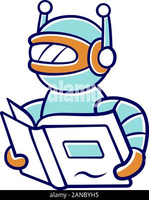 Text reading bot color icon. Screen reader application, translation algorithms. Virtual assistant. Robot with book. Software app. Speech synthesizer. Stock Vector