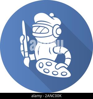 Art bot flat design long shadow glyph icon. Robot, cyborg with brush and palette. Virtual assistance. Artificial intelligence, AI. Conversational agen Stock Vector