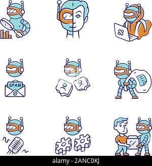 Internet bots color icons set. Hacker, voice, spam, impersonator, monitoring, work, scraper robots. Software program. Artificial intelligence. Cyborgs Stock Vector