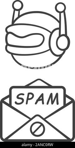 Spambot linear icon. Virus advertisements. Malicious phishing sites. Spam advertising software sending. Thin line illustration. Contour symbol. Vector Stock Vector
