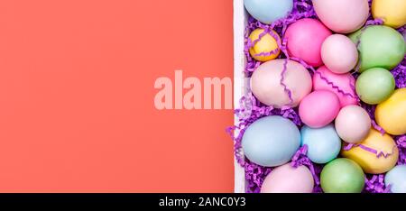 Multicolor eggs in a white tray. Creative Easter concept. Modern solid pink background. Horizontal, banner format. Living coral theme - color of the year 2019 Stock Photo