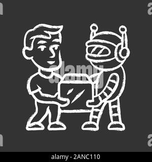 Transactional bot chalk icon. Artificial intelligence. Virtual assistance. Partner bot. Man and robot holding box. Robotic delivery service. Database Stock Vector