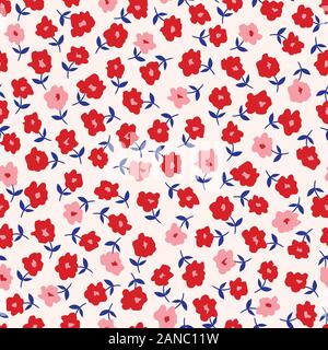 Pink and Red Ditsy Allover Artistic Floral Vector Seamless Pattern. Simplistic Small Hand Drawn Flowers with Purple Stems , Naive Blob Abstract Blooms Stock Vector