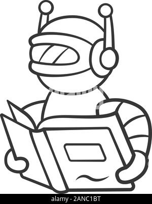 Text reading bot linear icon. Screen reader application. Virtual assistant. Robot with book. Software app. Thin line illustration. Contour symbol. Vec Stock Vector